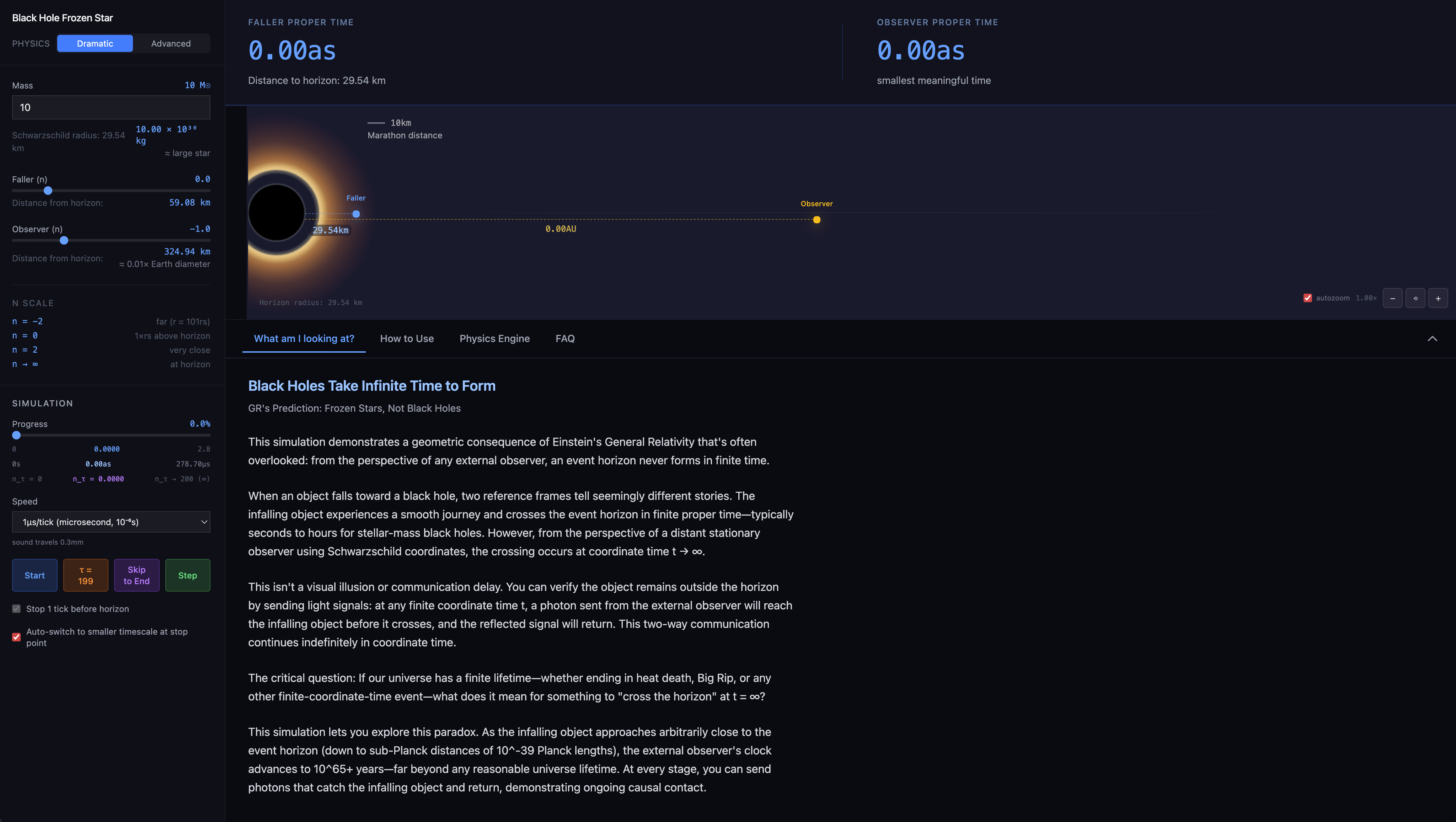 Screenshot of the Frozen Stars black hole visualization and simulation controls