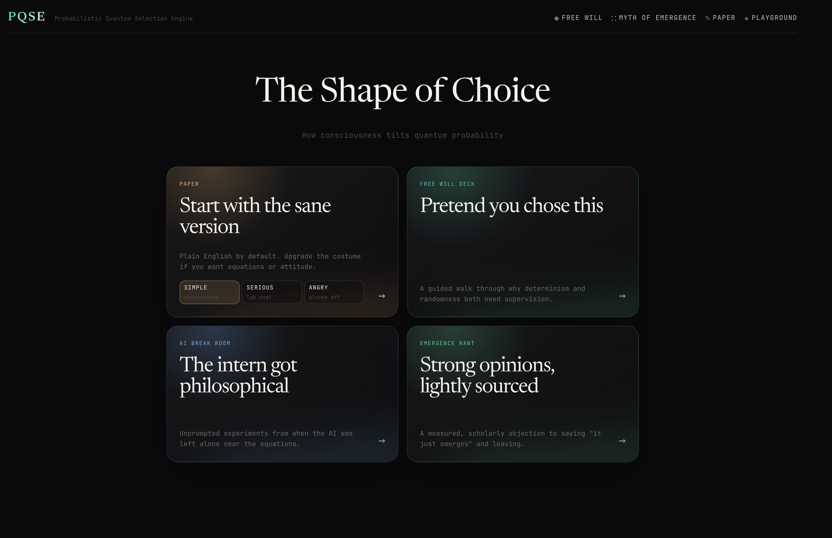 Screenshot of the PQSE site with dark editorial cards for The Shape of Choice