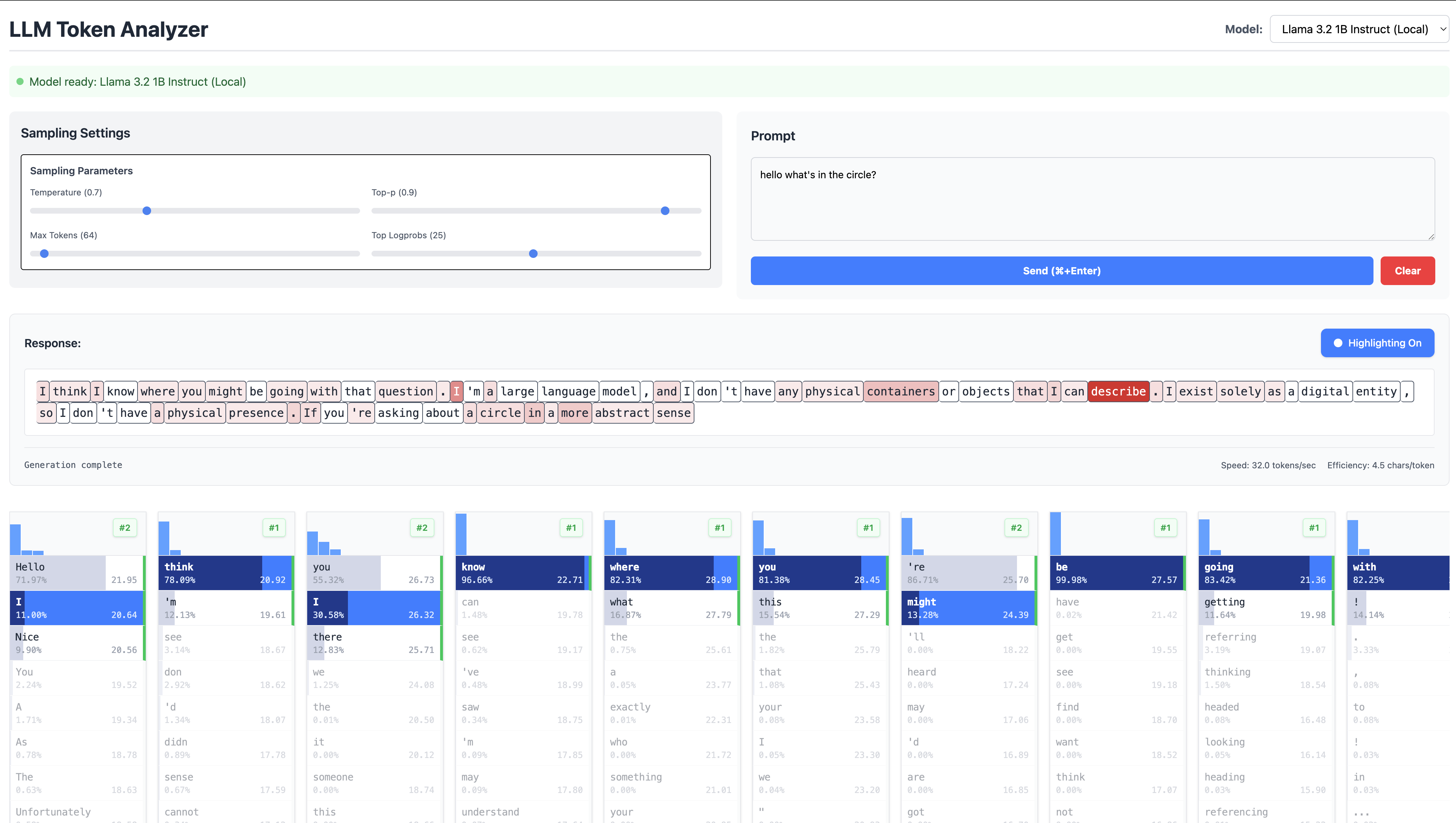 Screenshot of the LLM Token Analyzer showing token probability columns