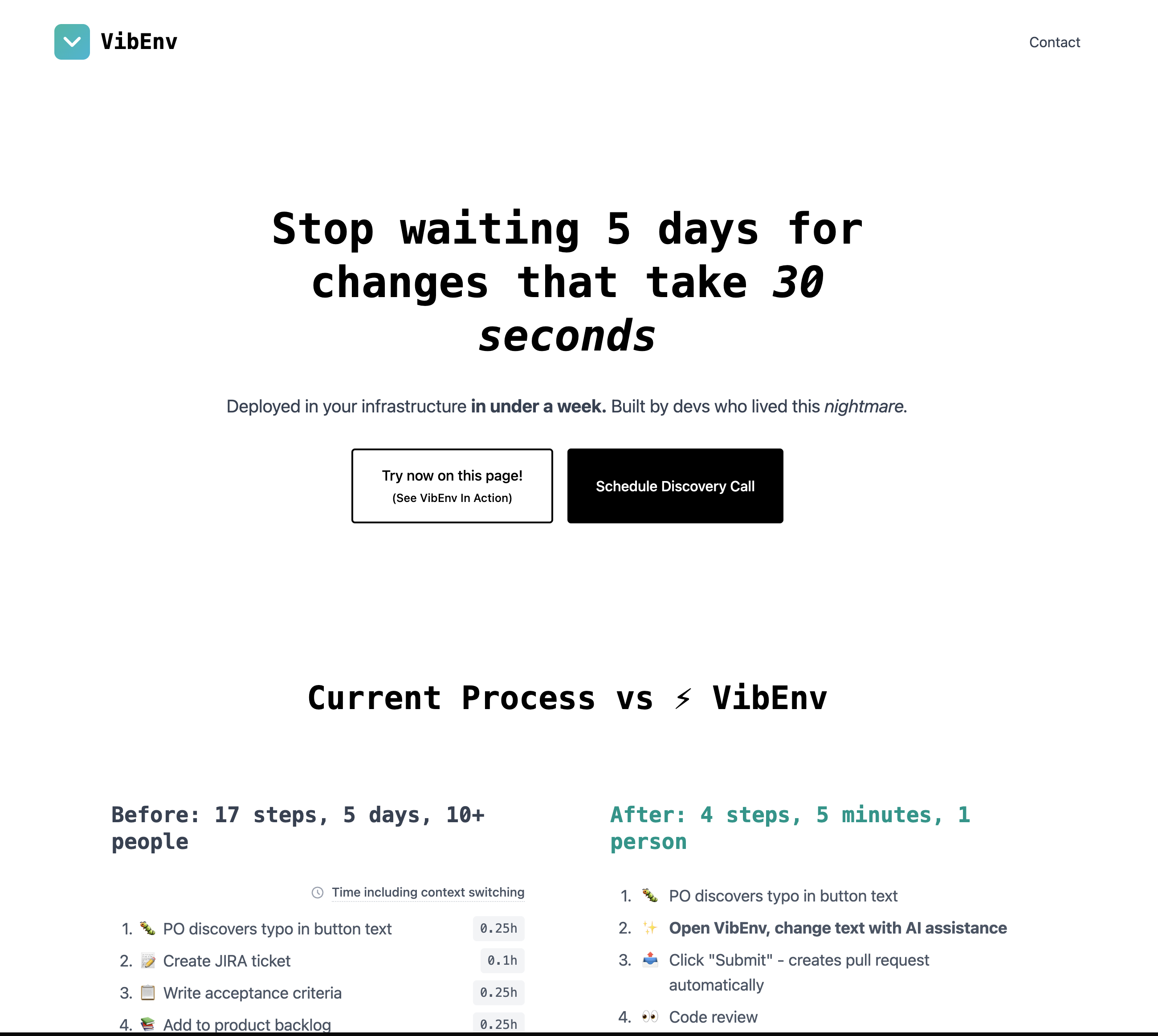 Screenshot of VibEnv showing the five days versus thirty seconds headline